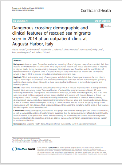 Dangerous crossing: demographic and clinical features of rescued sea migrants seen in 2014 at an outpatient clinic at Augusta Harbor, Italy