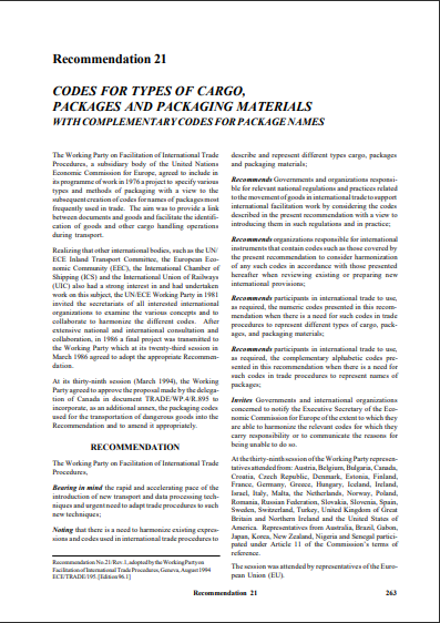 CODES FOR TYPES OF CARGO, PACKAGES AND PACKAGING MATERIALS WITH COMPLEMENTARY CODES FOR PACKAGE NAMES