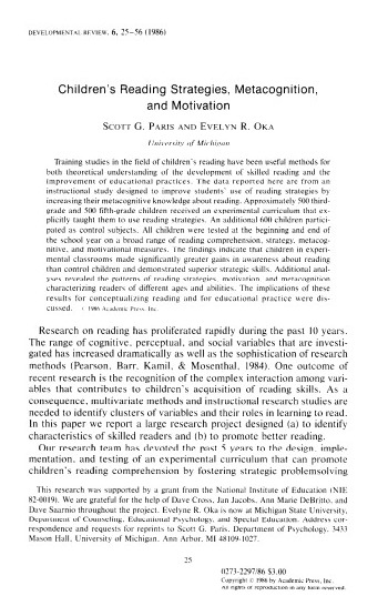 Children�s Reading Strategies, Metacognition,  and Motivation