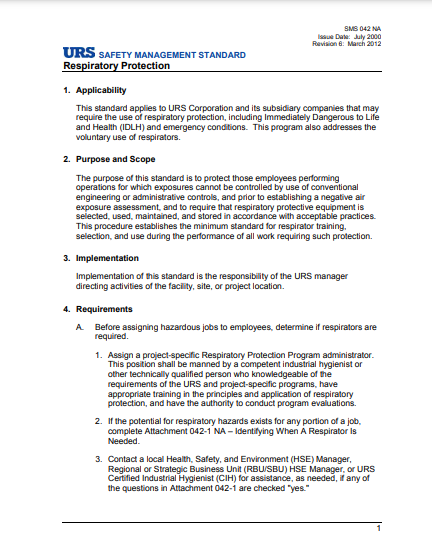 SAFETY MANAGEMENT STANDARD Respiratory Protection